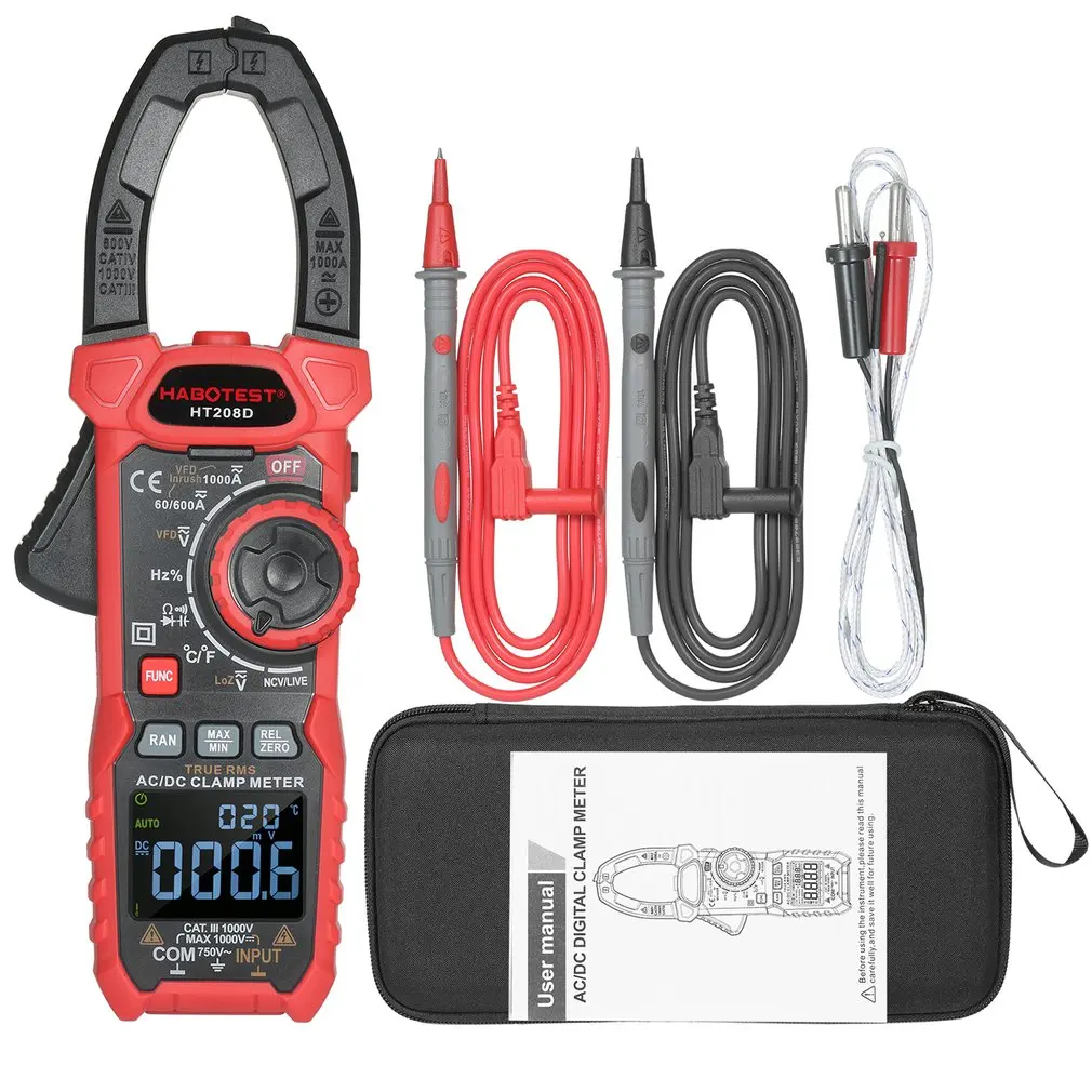 

HT208D Multimeter Test Instrument Detector AC/DC 1000A Digital Clamp Meter Non-slip Digital Clamp Meter Multimetro