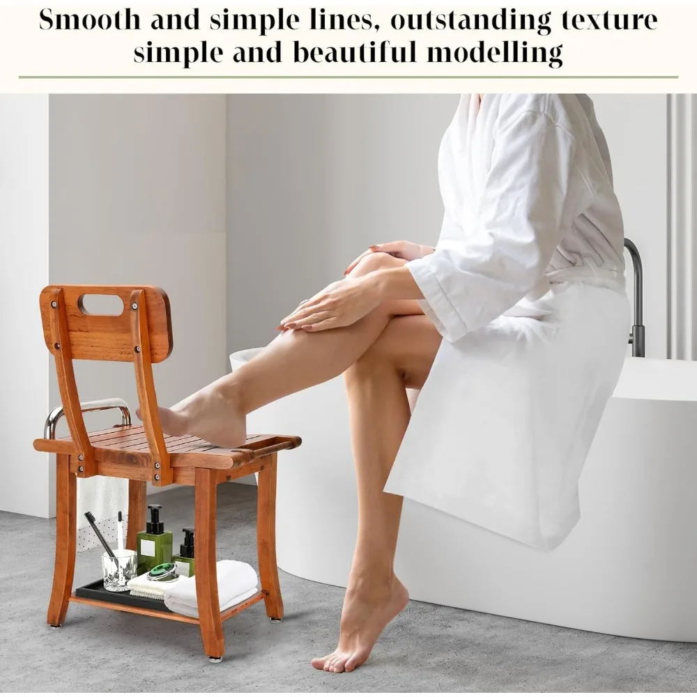 Teak Shower Bench Seat Chair with Shelf | 18.7" Solid Wood Shower Stool Waterproof Shower Seat with Storage for Inside Shower 3