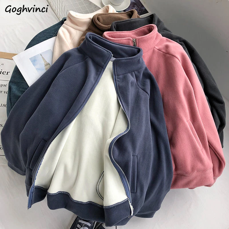 

4 Colors Jackets Women Sporty Plus Velvet Autumn Winter Zip Up Clothes Solid Thick All-match Casual Mujer Chaqueta Harajuku New