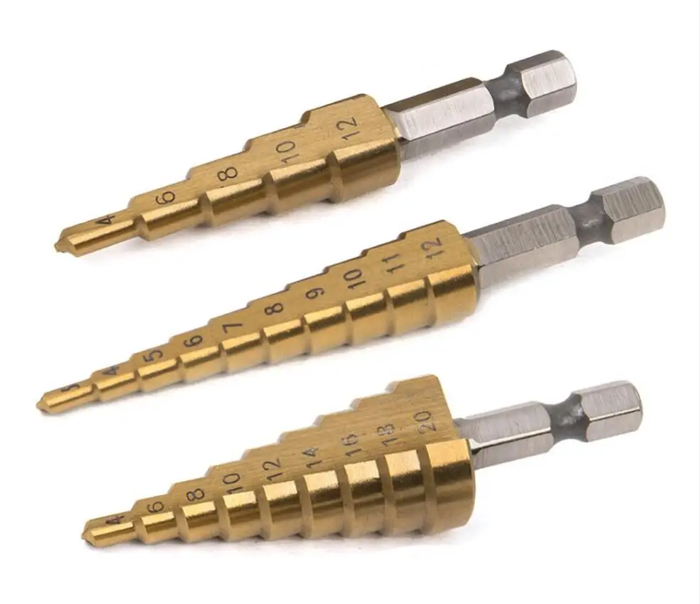 Step Drill Bit Set 3PC Titanium Plated 3-12/4-12/4-20mm Hexagonal Handle