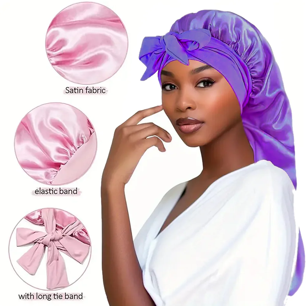 Bowknot Braid Bonnet, Unscented Satin Sleep Cap with Elastic Band