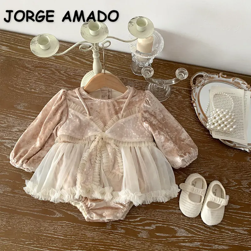

New Winter Baby Girl Girl Bodysuit Round Collar Champagne Long Sleeves Fleede Round Collar Jumpsuit Child Clothes E675