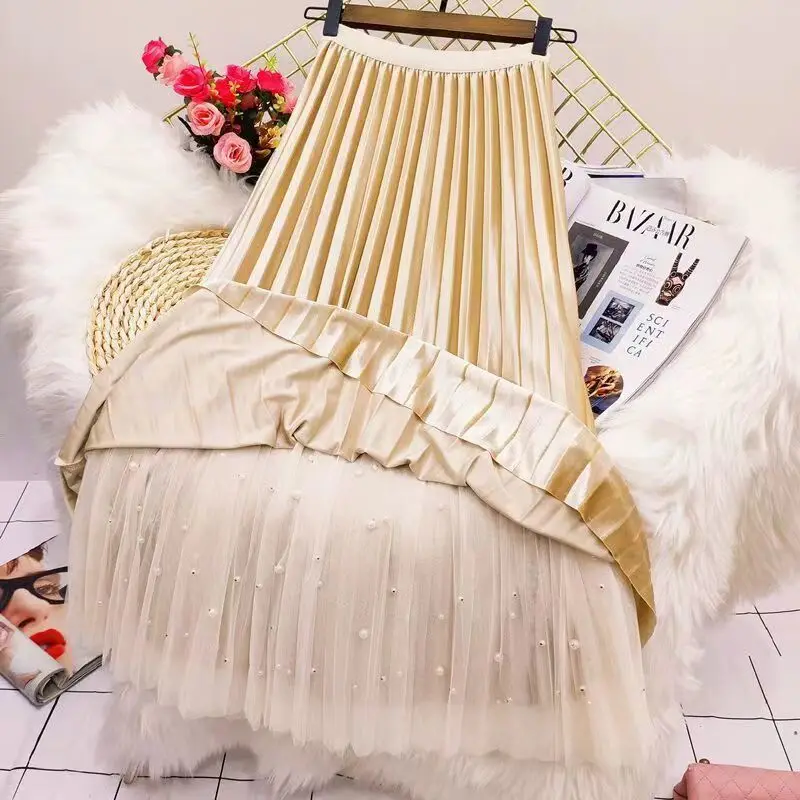 Women  Long Pleated Skirt Mesh Dresses Women Clothing Two Sides Beach Elegant Chic Design Autumn Winter Loose solid