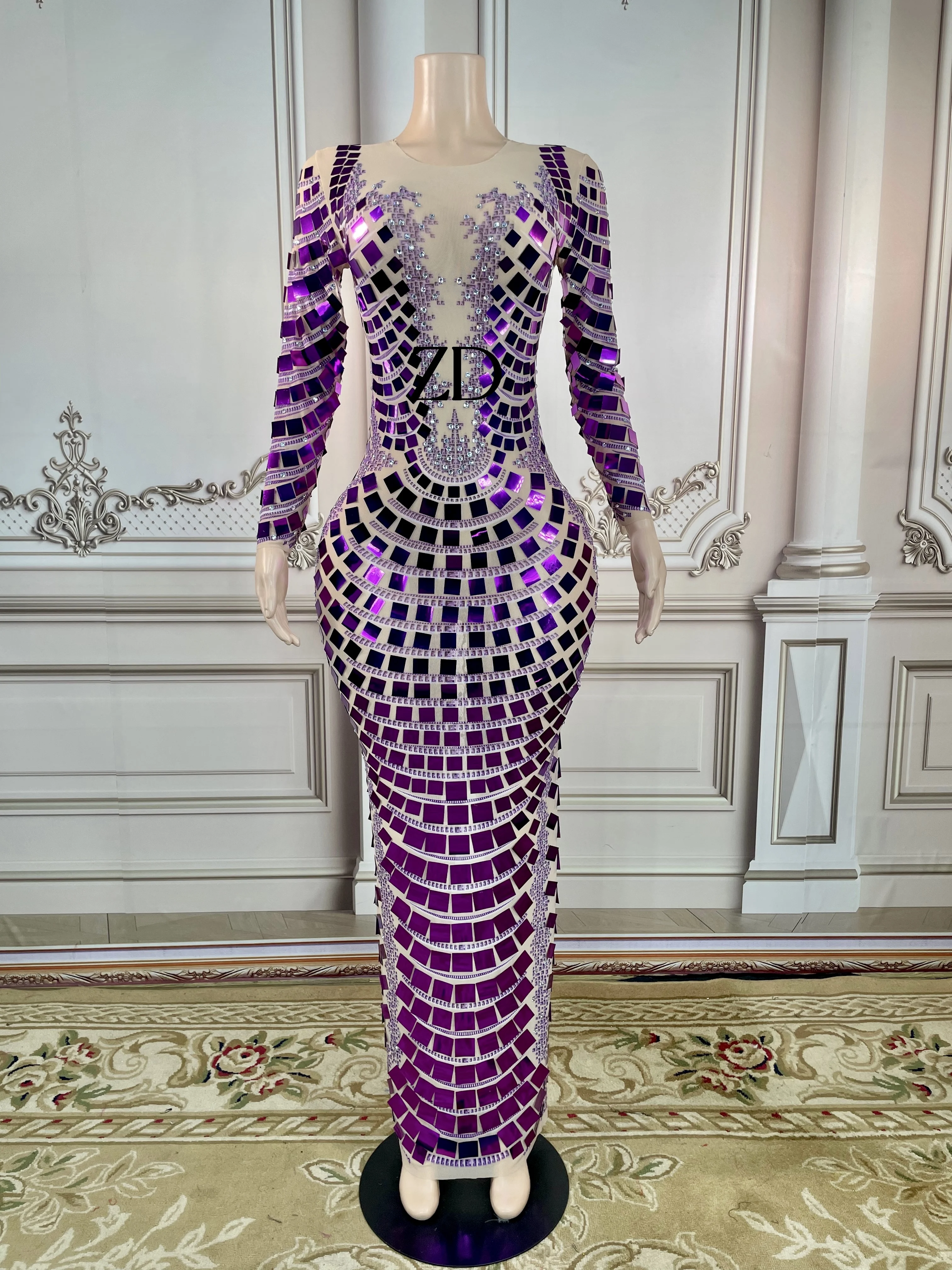 

Sexy Stage purple Sequins Rhinestones Transparent Sleeves Dress Birthday Celebrate Outfit Women Dancer Show Wear Prom Dress
