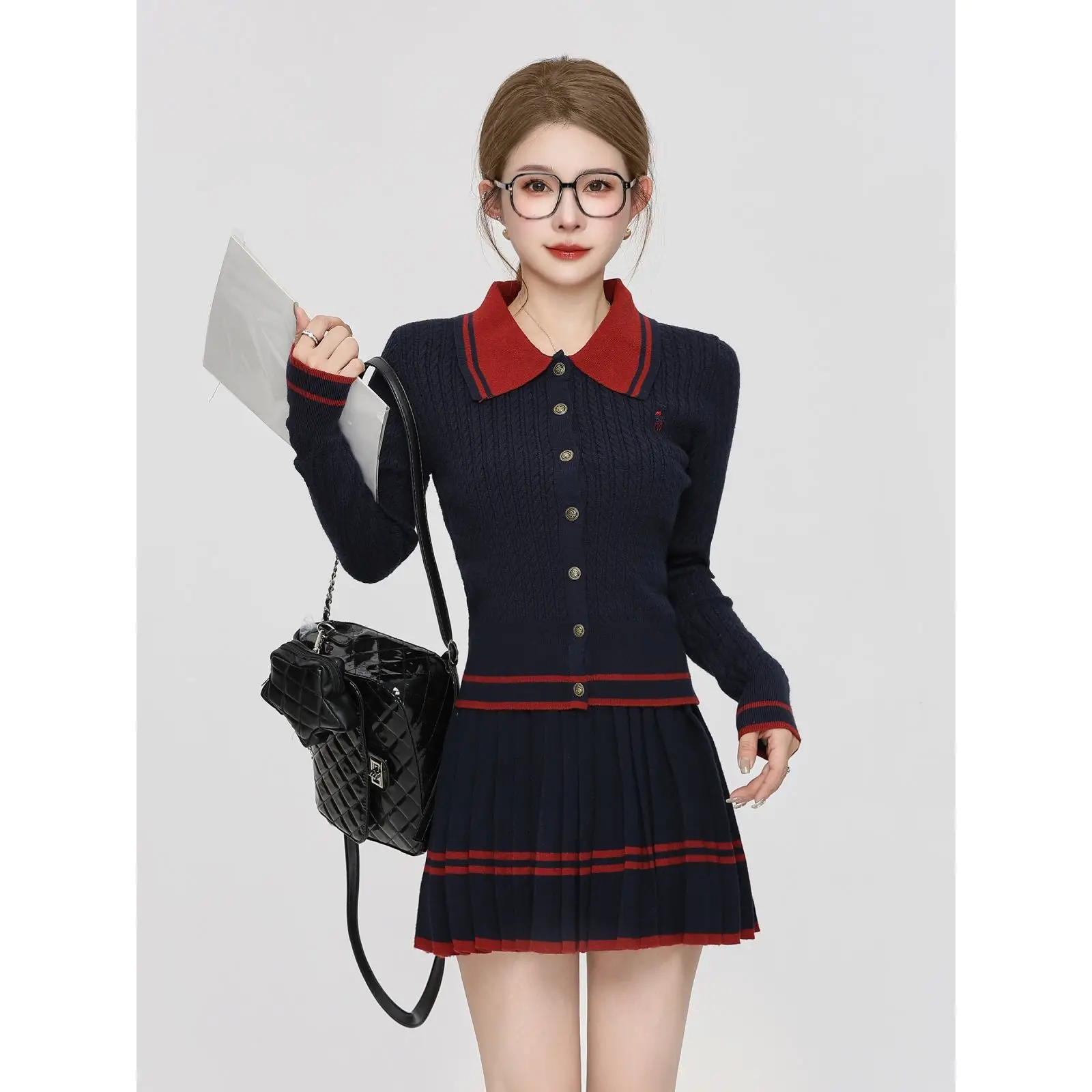 골프니트 New Knit Two Piece Set Women Golf Wear Autumn Korean Luxury Golf Suits Pleated Skirt +Knit Cardigan Women Clothes