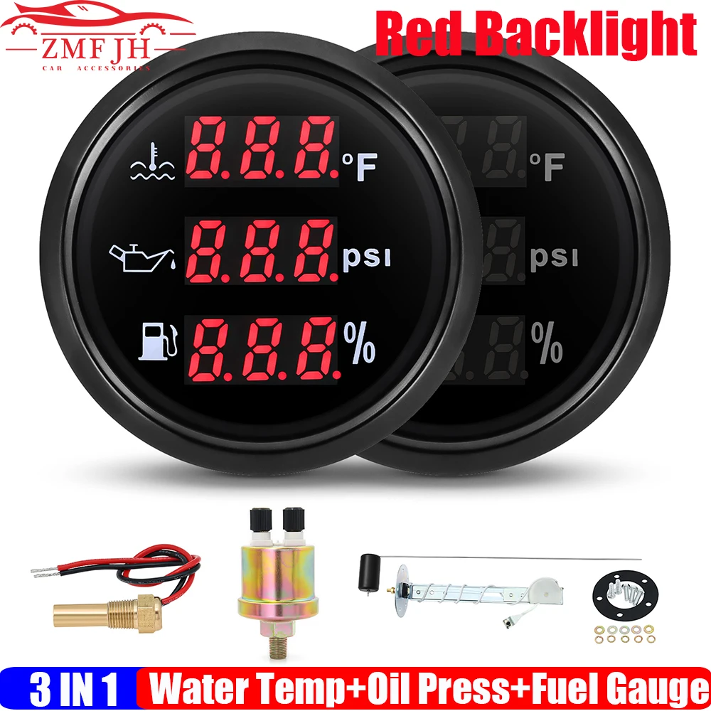 

Red Backlight 52mm Gauge 3 IN 1 Water Temperature Meter+Oil Pressure Meter+Fuel Gauge with Alarm 240-33 OHM for Marine Car 9-32V