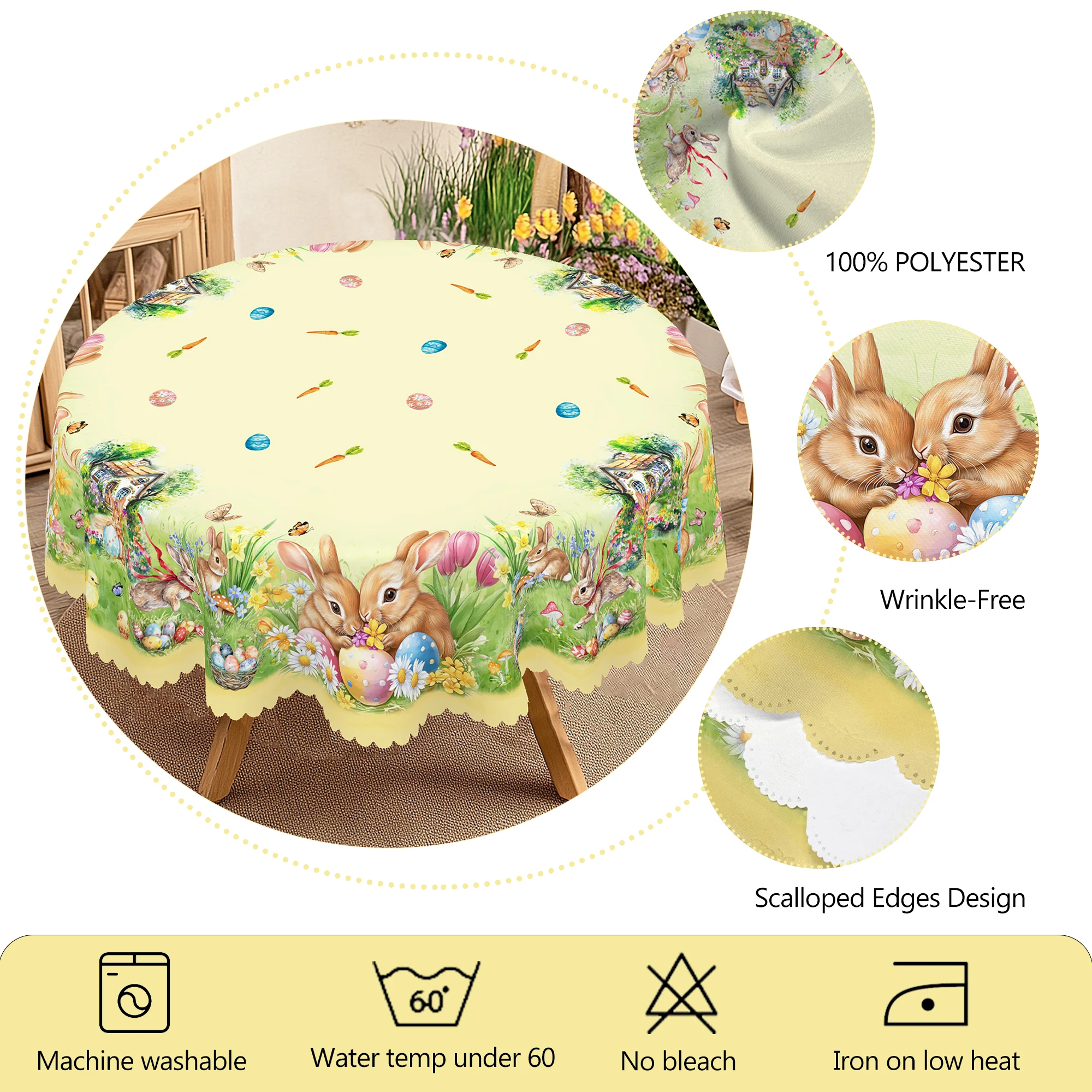 1 Easter Round Tablecloth, 5 Sizes Available, Tulip Easter Bunny Egg Garden Printed Square Tablecloth, Edge Embossing Process, Spring Garden Tablecloth Decoration, Tablecloth for Daily Home Kitchen, Terrace Use, Easter Decoration 5