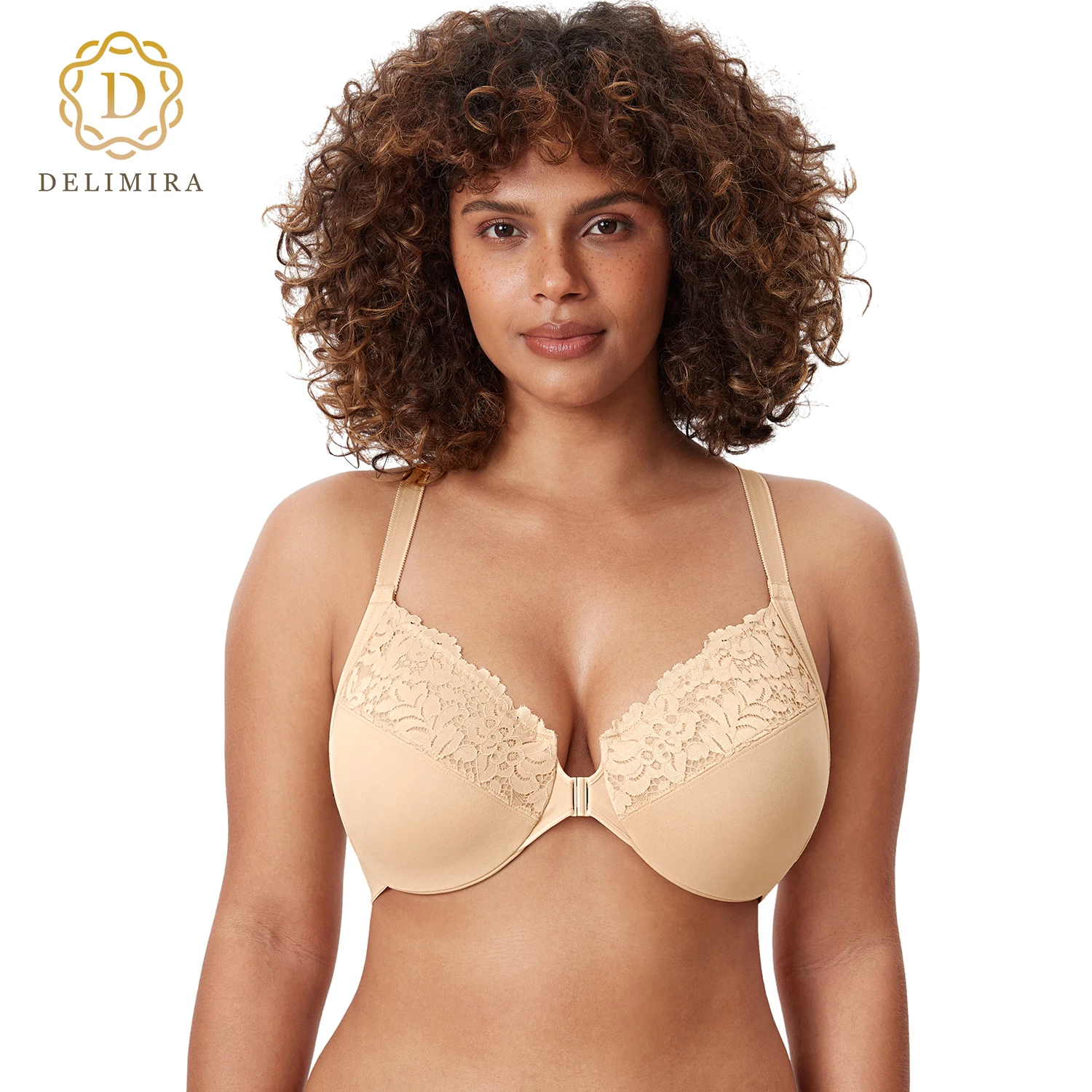 DELIMIRA Women's Plus Size Cotton Front Closure Bra Full Coverage Floral Lace Underwire Racerback Underwear