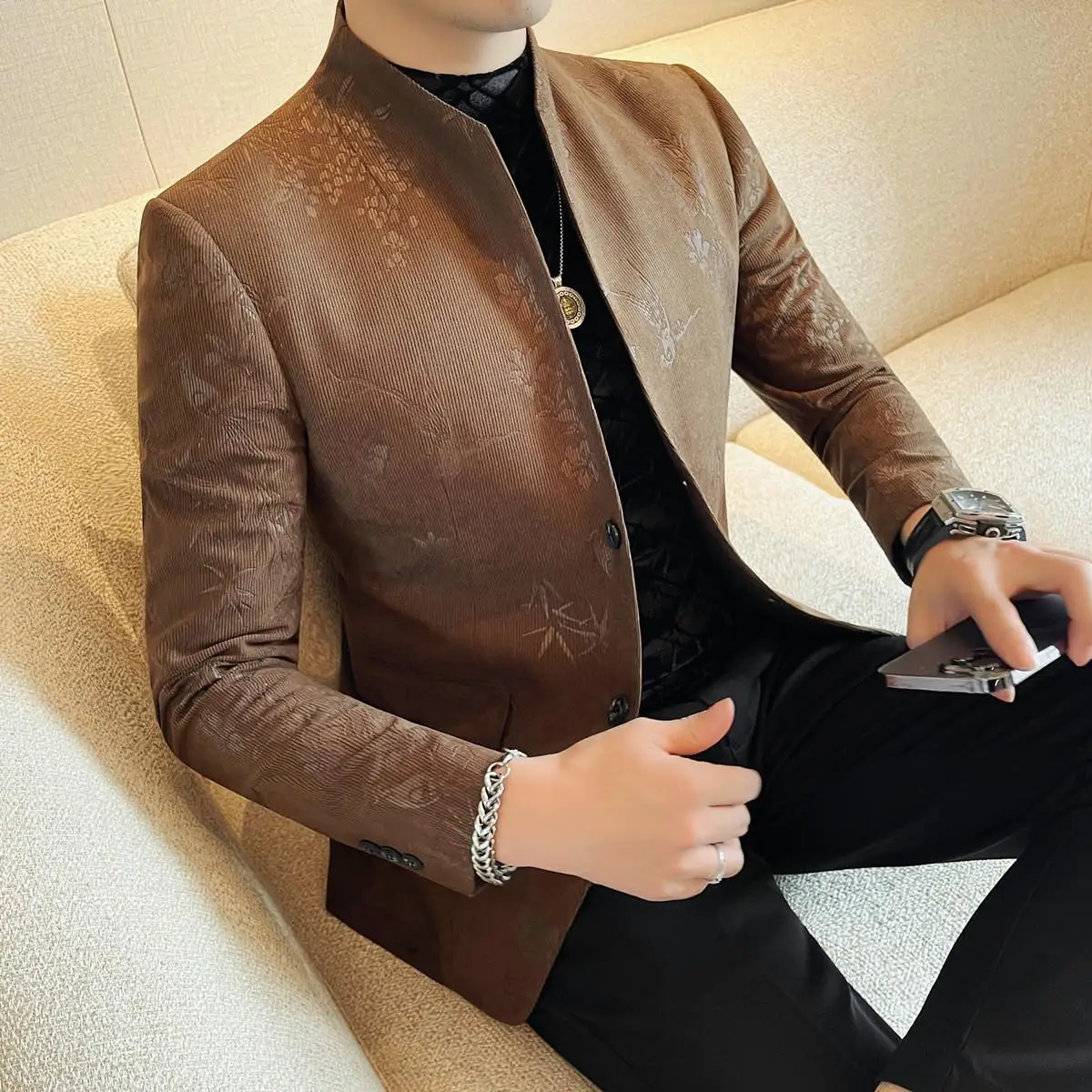 High Quality Floral Blazer Jacket Mens Clothing Business Casual Elegant Men's Blazers Stand Collar Slim Fit Suit Coats Male