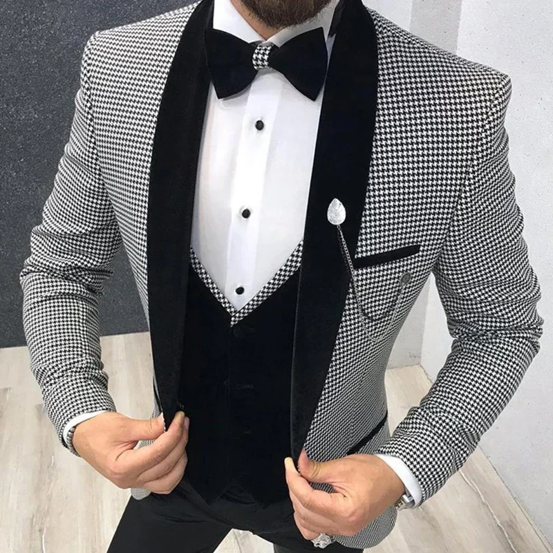 3 Pcs Houndstooth Men Suit Slim Fit for Dinner Prom Tailor Groom Wedding Tuxedo Best Male Fashion (Jacket + Pants + Vest)