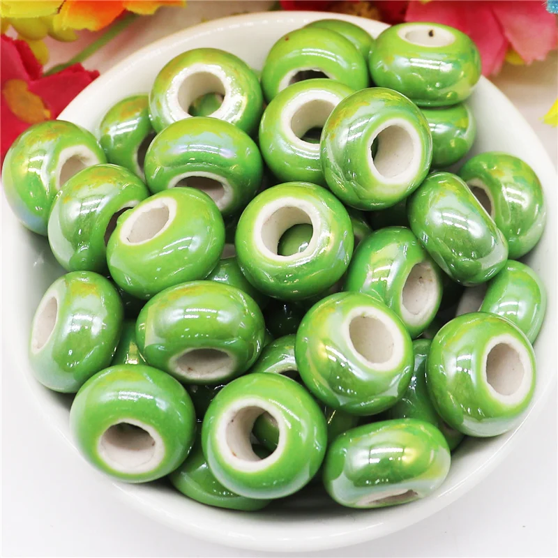 

10Pcs Green Color Porcelain European Charm Beads Large Hole Traditional Chinese Ceramic Spacer Rondelle Beads Bracelet Jewelry