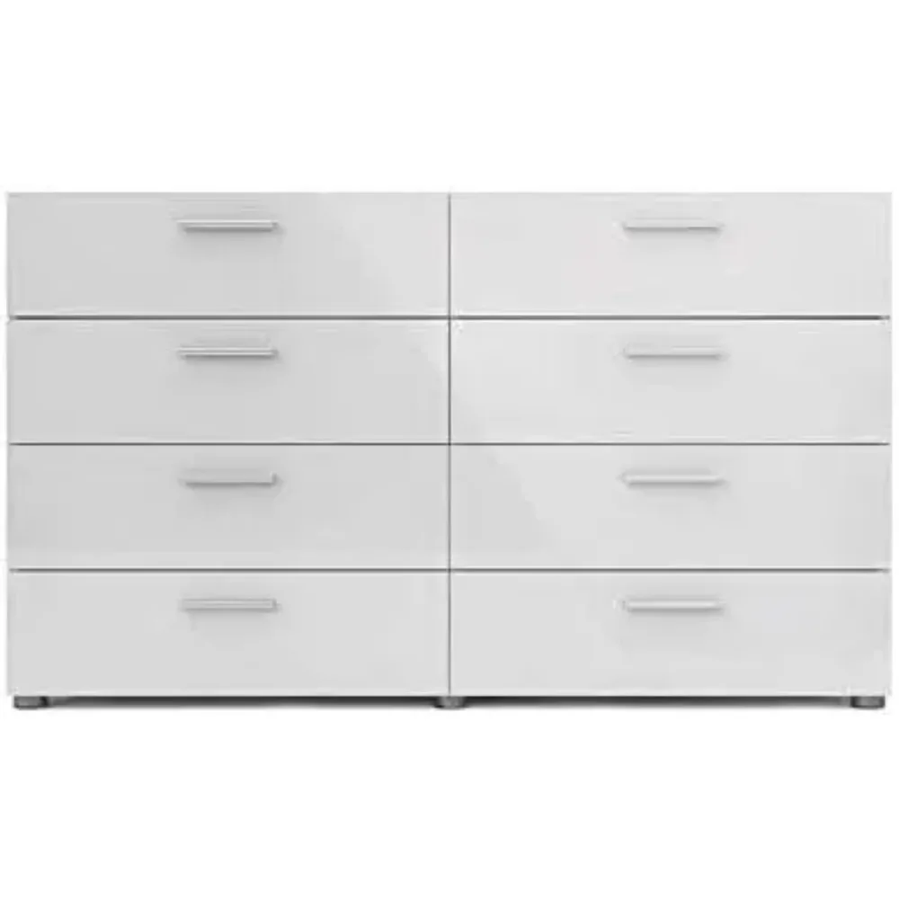 Contemporary 3/8 Drawer Double Bedroom Dresser in White with Modern Silver Color Bar Handles 2