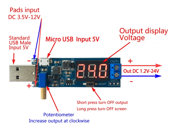 1pcs USB DC-DC 5V to 3.5V / 12V Micro USB Step UP / Down Power Supply Module Adjustable USB Boost Buck Converter Out DC 1.2V-24V
