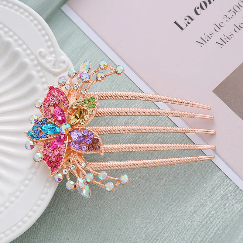 Fashion Flower Crystal Hairclips Rhinestone Hair Combs Plastic Shiny Hairpins for Women Hair Accessories Gift