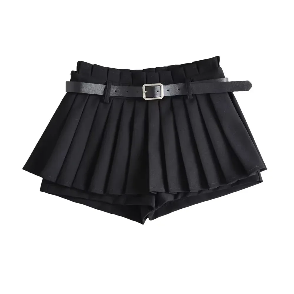 Low Waist Slim Mini Pleated Skirt For Women 2025 Summer Casual Black Belt Skirts Babes Fashionable Solid Une Jupe Ligne