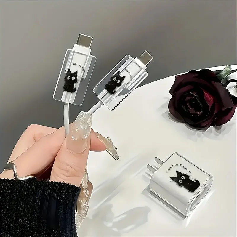 Cute Black Cat Charger and Cable Protector for IPhone 18/20W Data Line Organizer Clip Charging Adapter Cover Ideal Gift 1 Set
