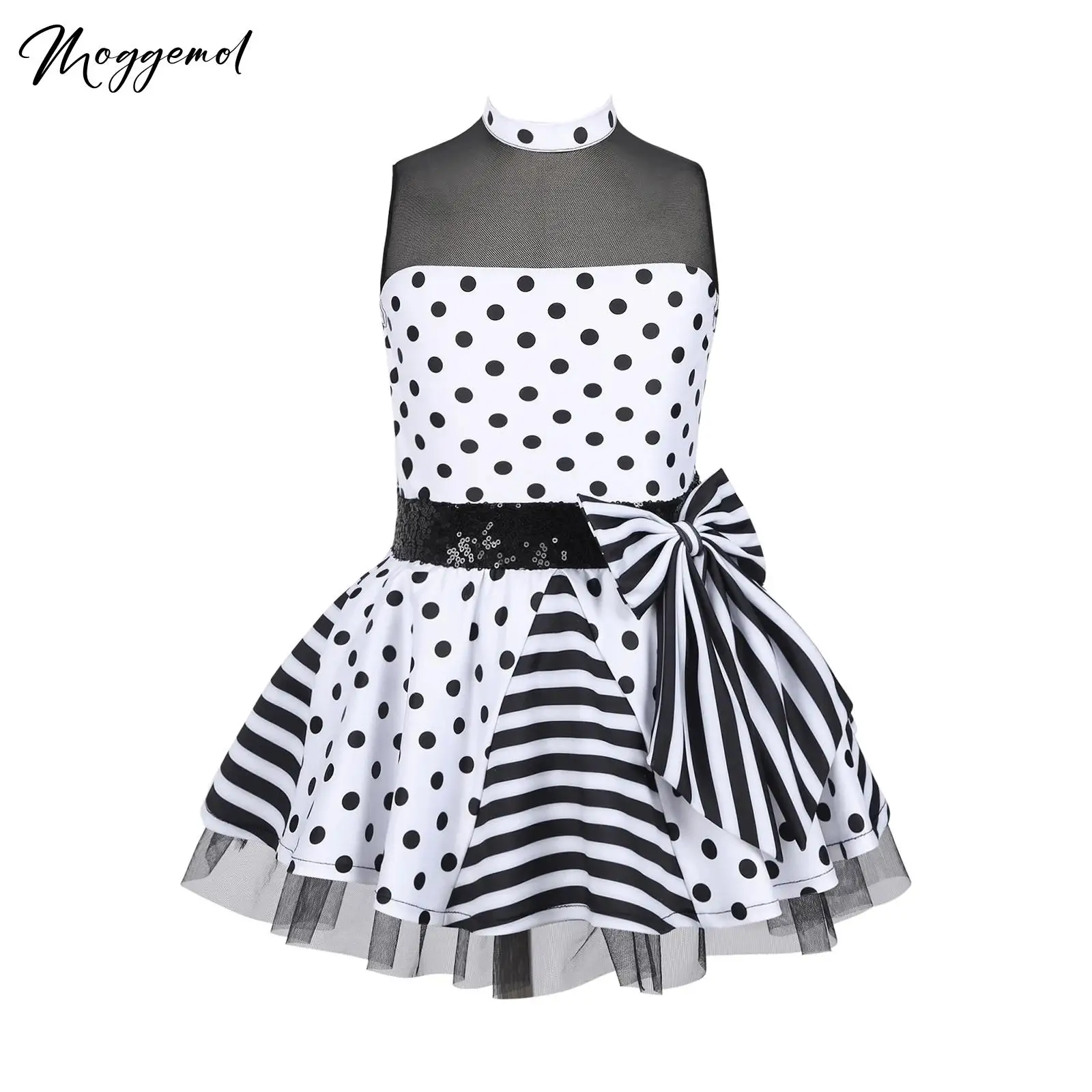 

Kids Girls Gymnastics Leotard Jazz Latin Ballet Dance Dress Round Collar Polka Dots Print Mesh Sequins Bowknot Tutu Skirts Dress