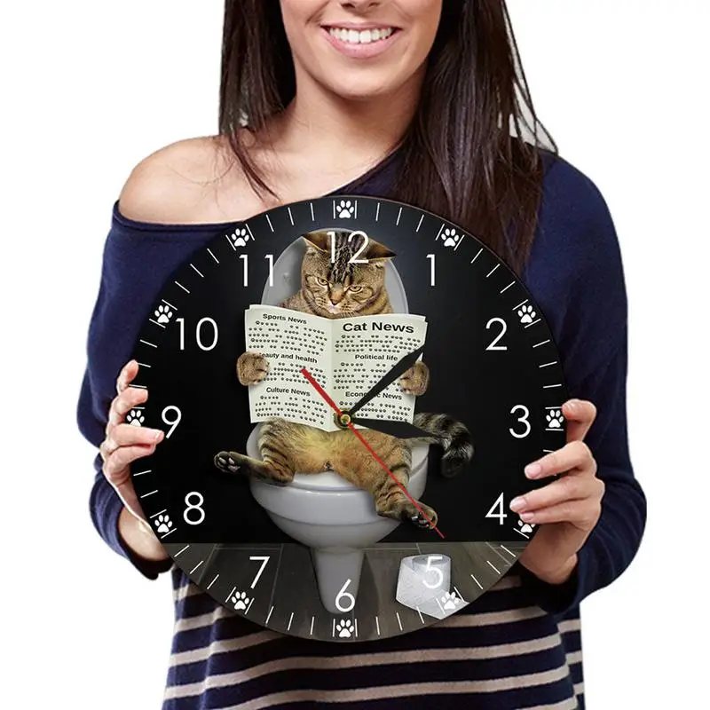 

Cat Clock For Wall 12 Inches Cute Wall Watch Non-Ticking Unique Decorative Clock With Cat Reading Newspaper Design Digital