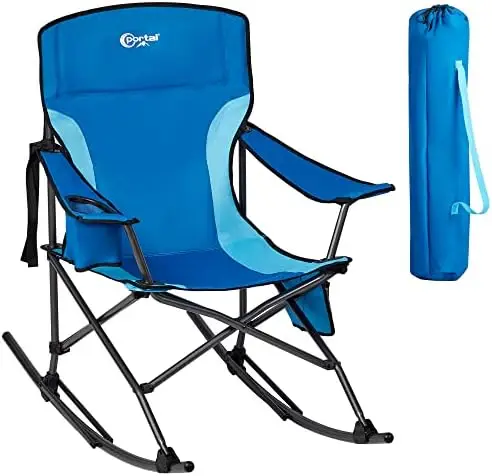 

Camping Rocking Chair Portable Outdoor Rocker High Back Cup Holder Side Pocket Carry Bag Included, Support 300 lbs (Blue) Cabon