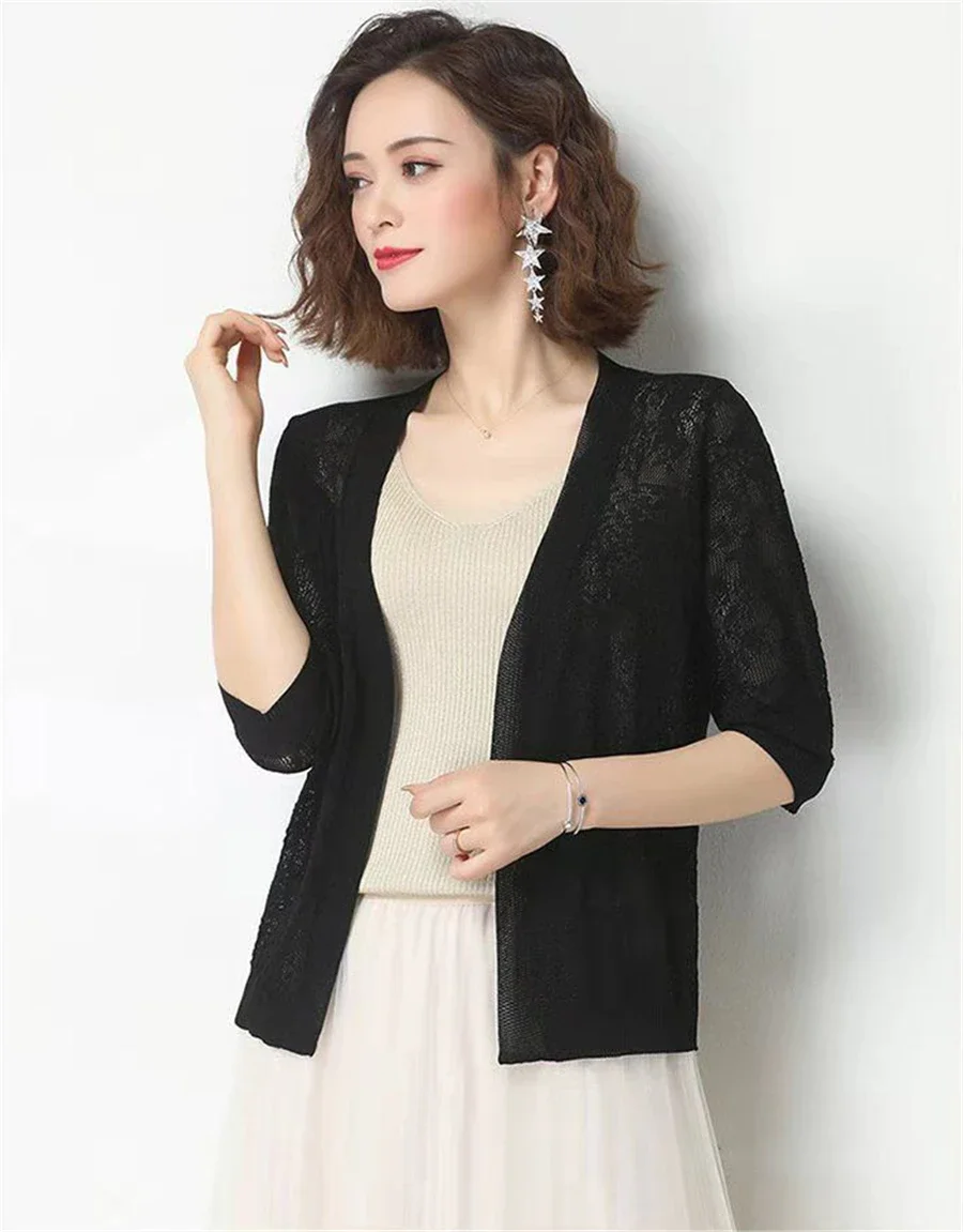 Summer Oversized Knit Cardigan Jackets Half Sleeve Lace Knitwears Coats Korean Elegant Trendy Hollow Out Sunscreen Tops