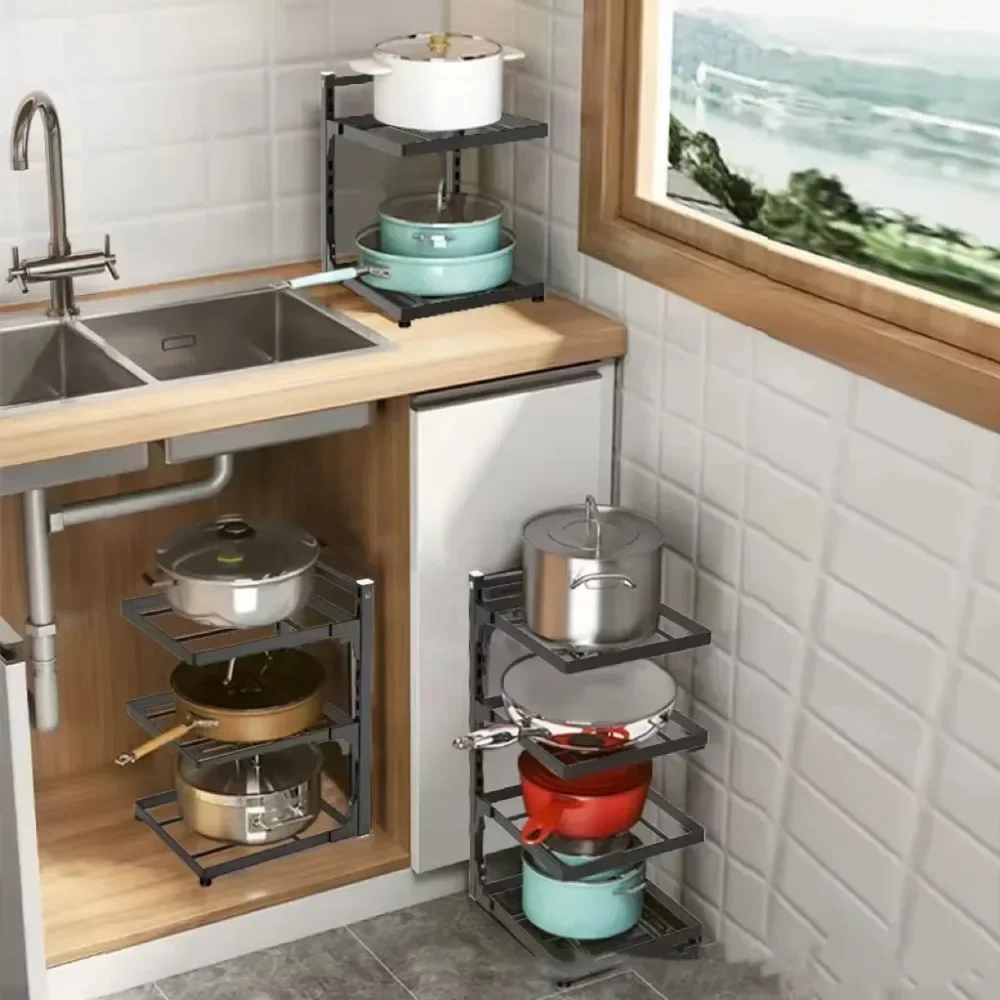 Kitchen Sink Storage Rack Multi-Layer Cooker Storage Rack For Home Stovetop Cabinets Adjustable Pot, multi layer storage rack