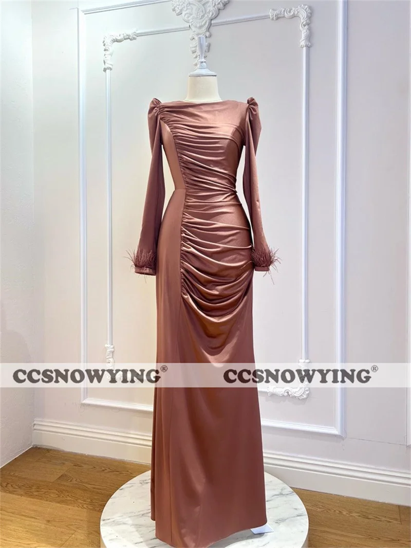

Cuff With Feather Muslim Evening Dresses Satin Long Sleeve Islamic Formal Party Gowns Round Neck Women Arabic Robes De Soirée