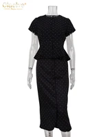 Clacive Summer Slim Print Skirts Set 2 Piece Woman 2025 Fashion Short Sleeve Shirt With High Waist Midi Skirt Set Streetwear - Image 5