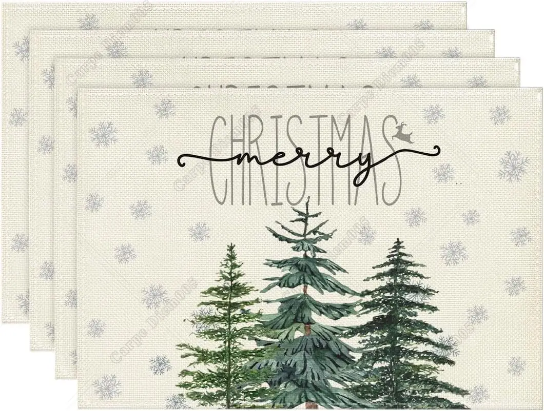 

Beige Pine Tree Snowflake Merry Christmas Placemats Set of 4 12x18 Inch Seasonal Winter Xmas Holiday Table Mats for Party