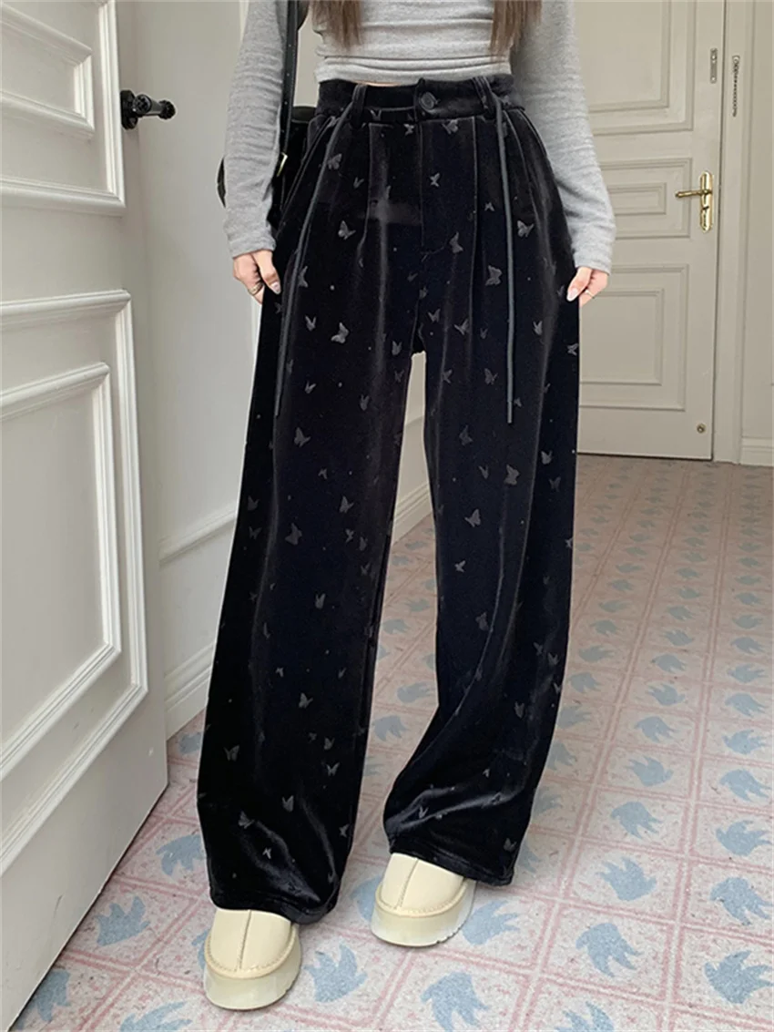 

PLAMTEE Black Trousers Women Velvet Florals Wide Leg Loose Spring 2024 Work Wear High Street Casual All Match Office Lady Slim