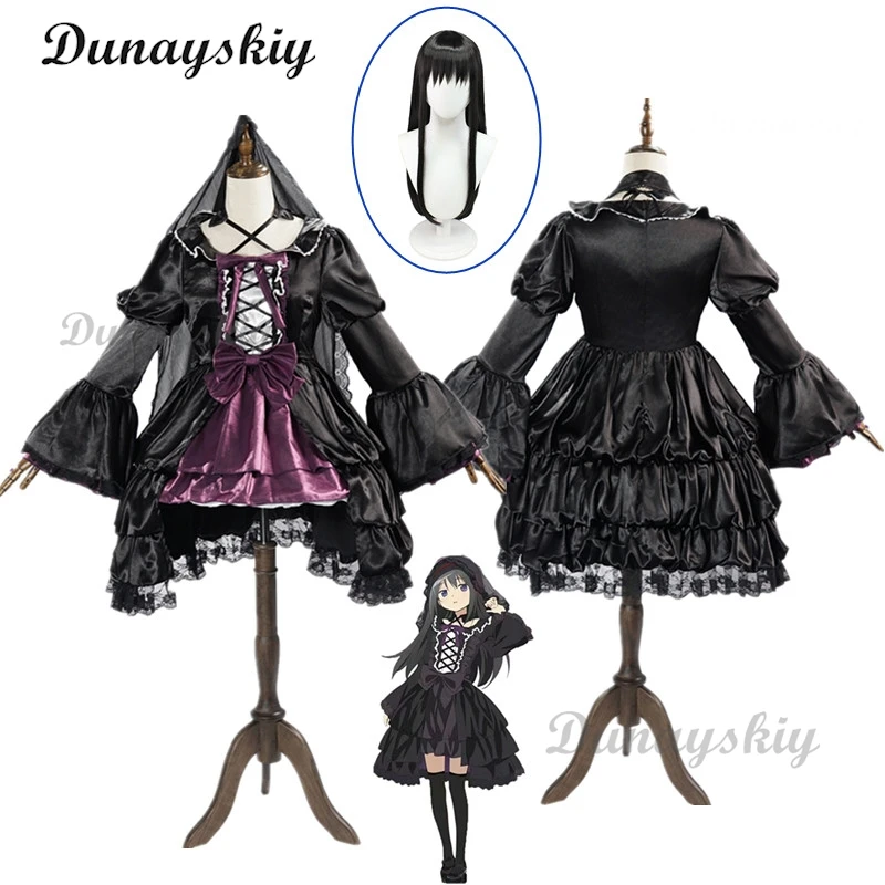 

Anime Puella Magi Madoka Magica Cosplay Akemi Homura Cosplay Clothes Wig Set Veil Black Dress Lolite Women Halloween Party Cos