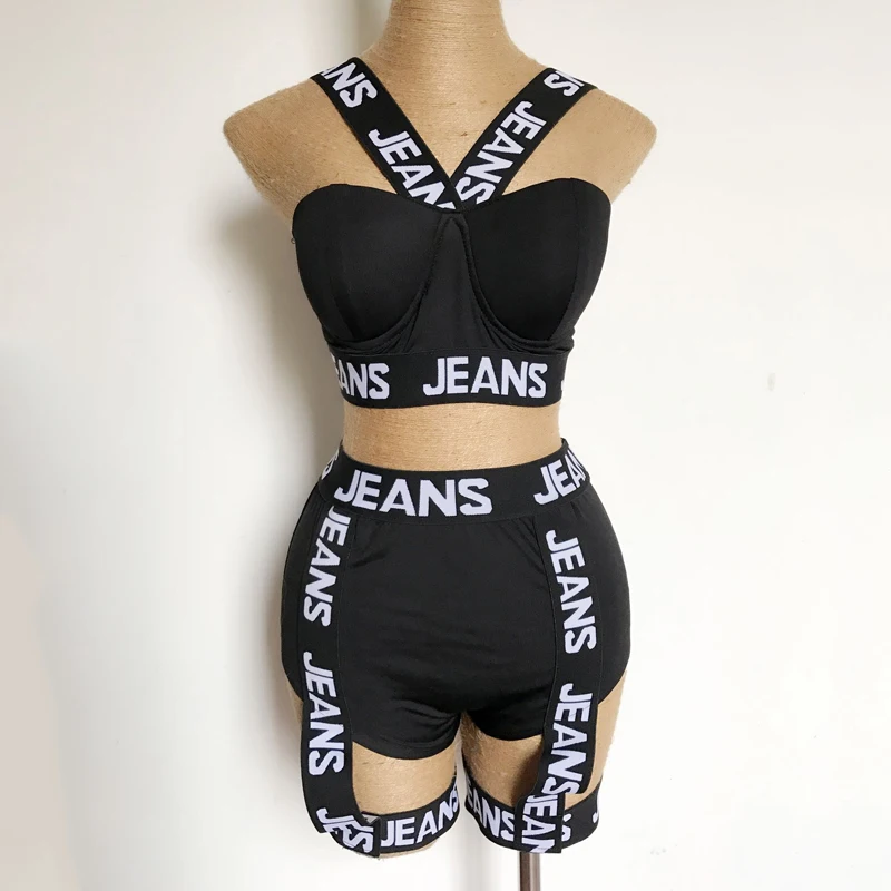 

Nightclub Female Singer Clothing Letter Elastic Belt Black Tops Pants Pole Shorts DJ Hip Hop Jazz Dance Costume Stage Suit
