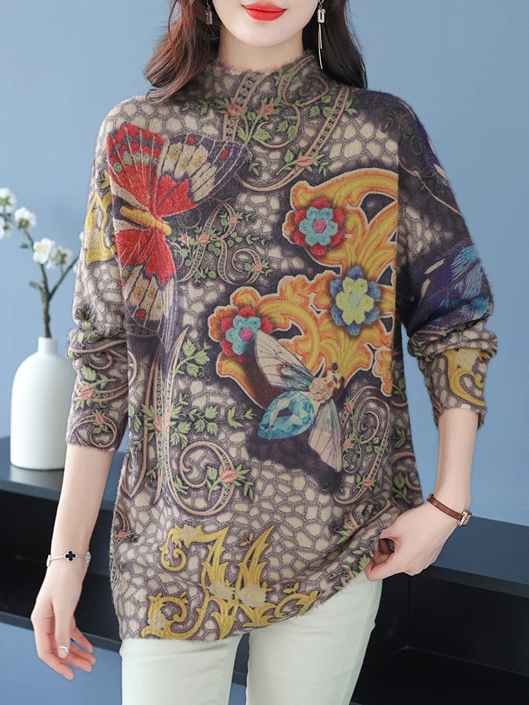 

Print Women's Sweater Autumn Winter Loose Women Clothing warm Pullover Pull Femme Mock Neck Jumper Sweater For Women