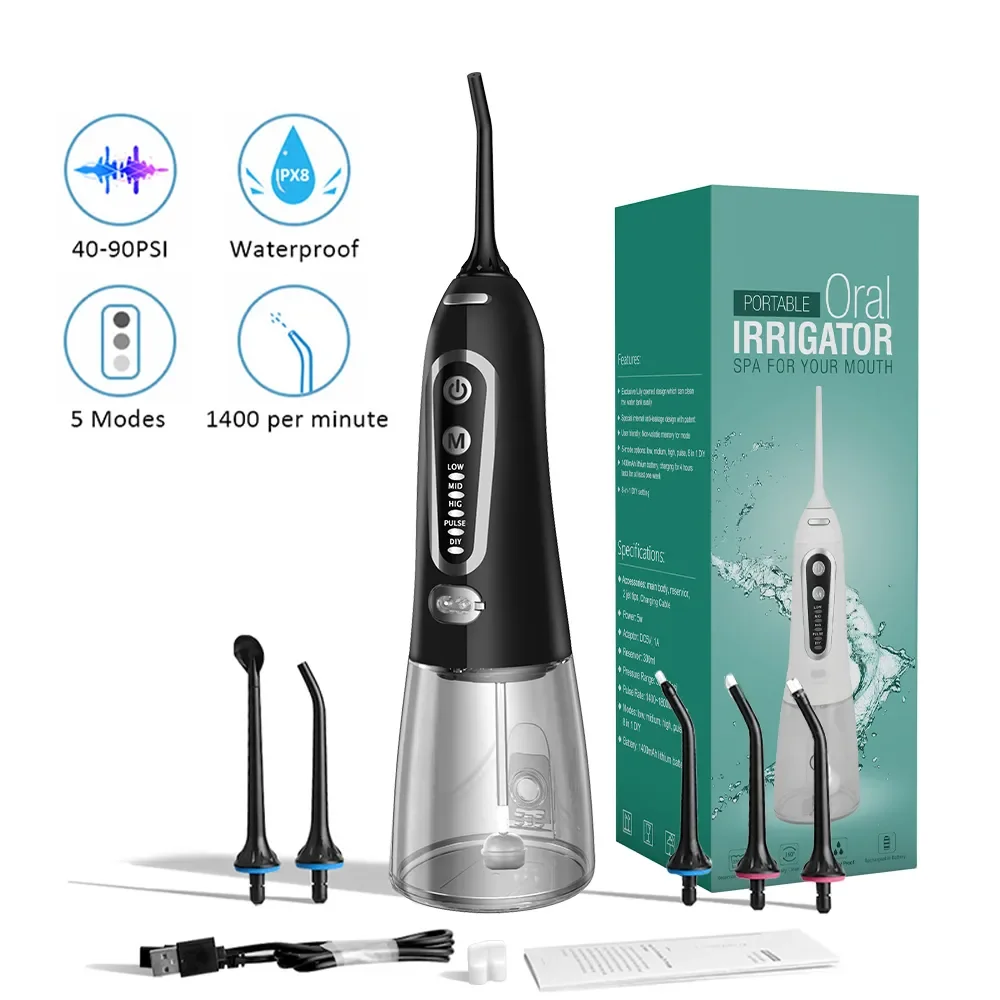 Oral Irrigator 5 Modes USB Rechargeable Portable Dental Water Flosser Jet 300ml Water Tank Teeth Cleaner 6 Jet Nozzle