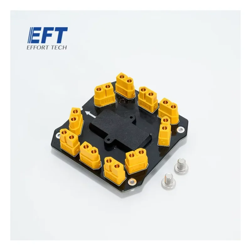 Vue d'ensemble du module PDB EFT E416P avec ses ports d'entrée et sortie, composant clé pour drone de pulvérisation agricole.
