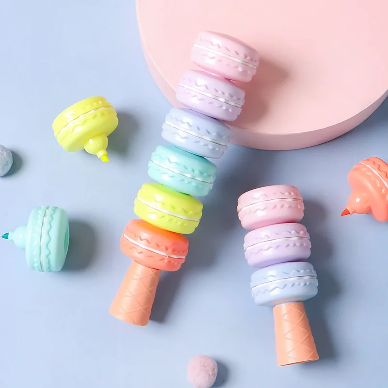 Creative Highlighter Cute Macaron Shape Fluorescent Pen Student Marker Pen Colorful Splicing Handwriting School Supplies