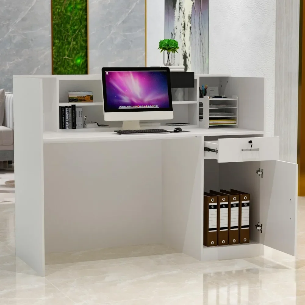 Modern Reception Desk Counter with Hutch, Adjustable Storage Cube, Lockable Drawer & 1 Door Cabinet, Office Wooden Computer Desk 3