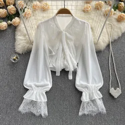 Retro Long Sleeve V Neck Lace Patchwork Blouse Slim Sexy Shirt Women Gothic Streetwear Pleated Fashion Top