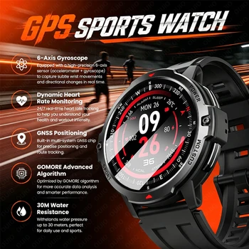 Smartwatch GPS Sportivo con Posizionamento a 5 Sistemi, Bussola, Modalità Sportive, Resistenza all'Acqua, Monitoraggio della Salute, Pressione dell'Aria, SOS