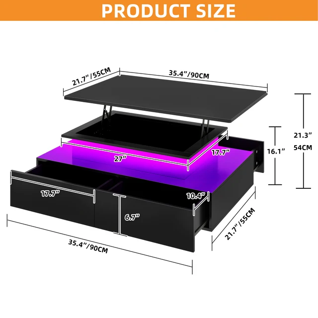 Lift Top Coffee Table with LED Lights & 4 Drawers for Living Room Cocktail Table 2