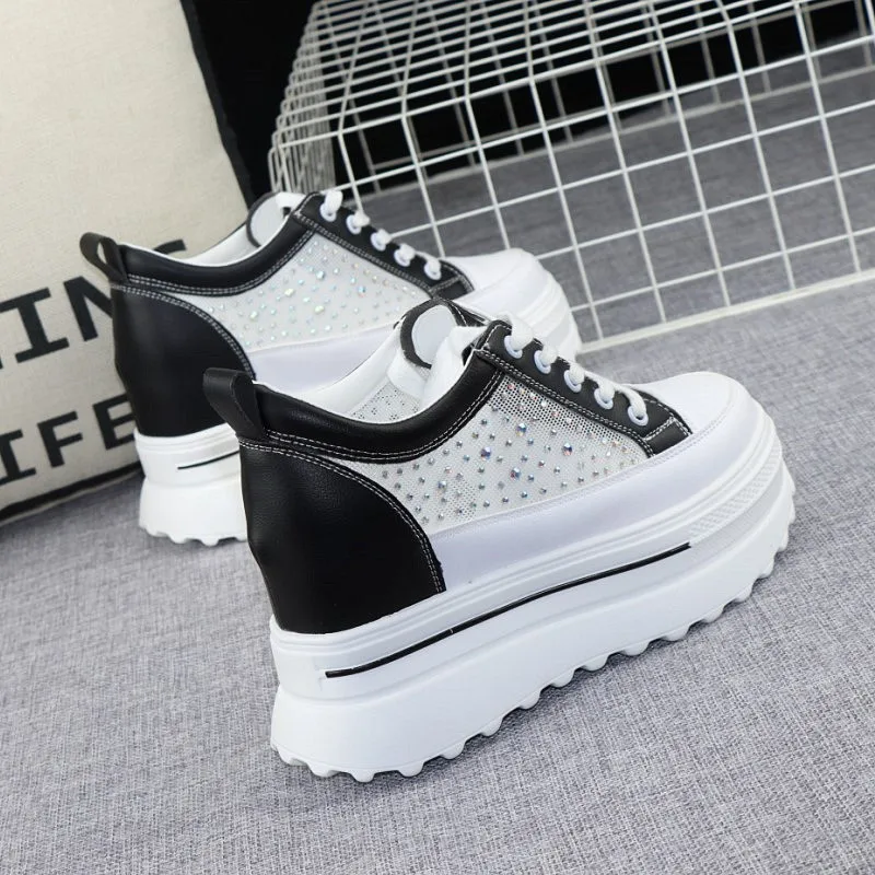 

New Autumn White Hidden Wedge Heels Casual Shoes Woman Bling Platform Shoes Elevator 10CM High-heels Walking Sneakers Women