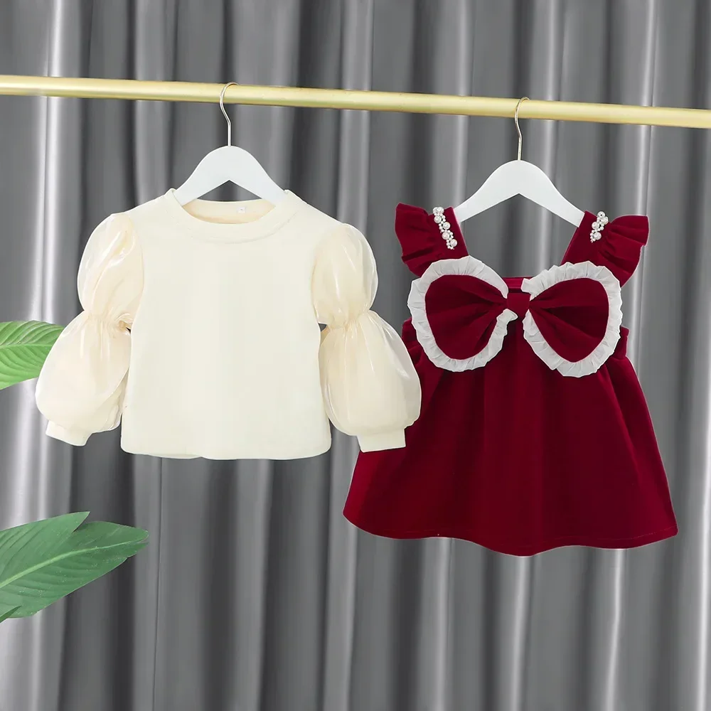 

Осенне-зимнее платье для маленьких девочек, детское красное рождественское Новогоднее плюшевое теплое платье, комплект детской одежды + юбка