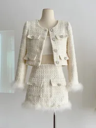 2023 Autumn Winter New French Vintage 2 Pieces Sets Tweed Jacket Short Coat Feather Splicing Blazer+High Waist  Mini Skirt Suit