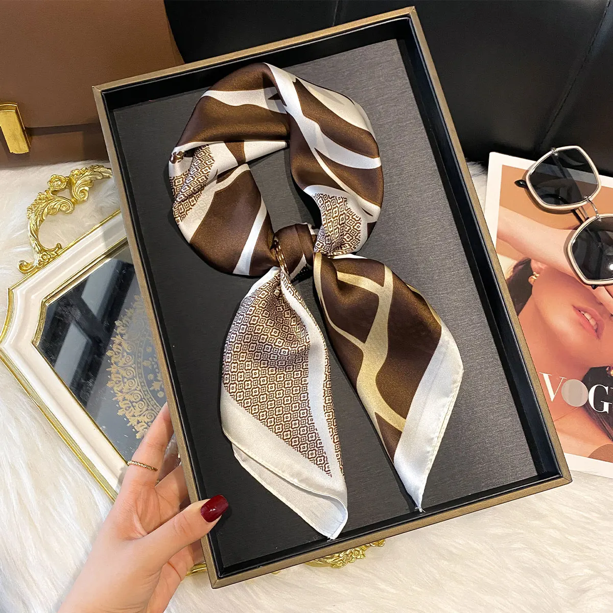 Luxury Silk Square Scarf Women Floral Print Soft Satin Hairband Neckerchief Hijab Female Headband Foulard Bag  Kerchief