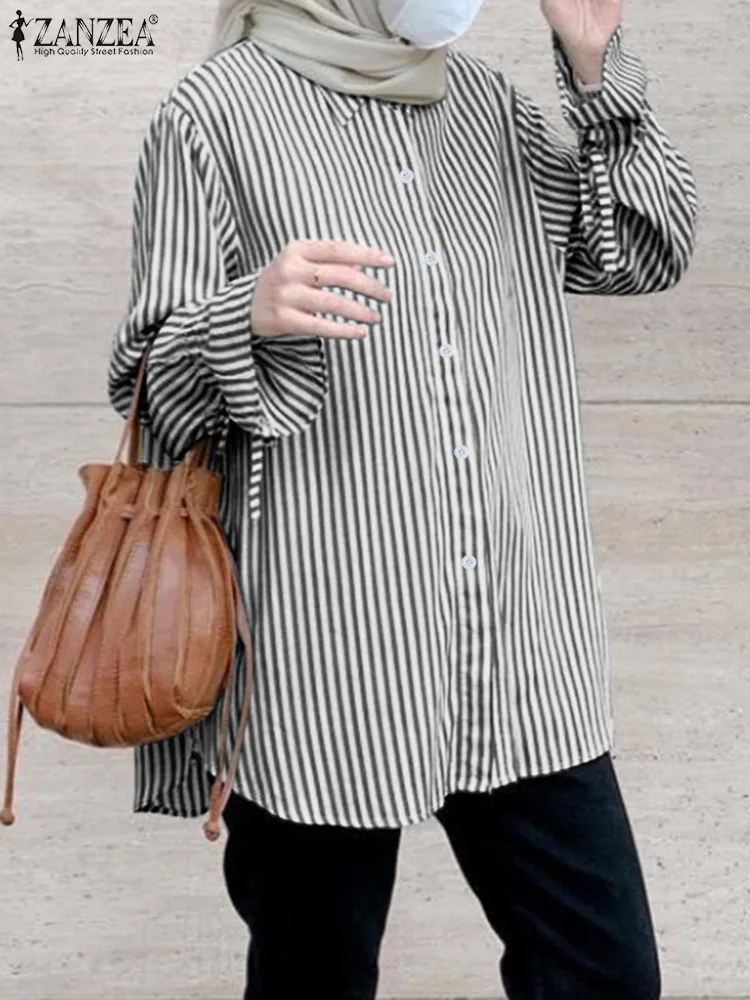 

ZANZEA Summer Striped Blouse Muslim Fashion Tops For Women Long Sleeve Shirt Turkey Abaya Kaftan Islamic Clothing Dubai Blusas