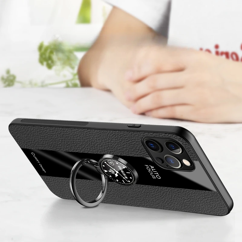 Elegant PU Leather Magnetic Ring Holder Phone Cover with Silicone Matte Bumper