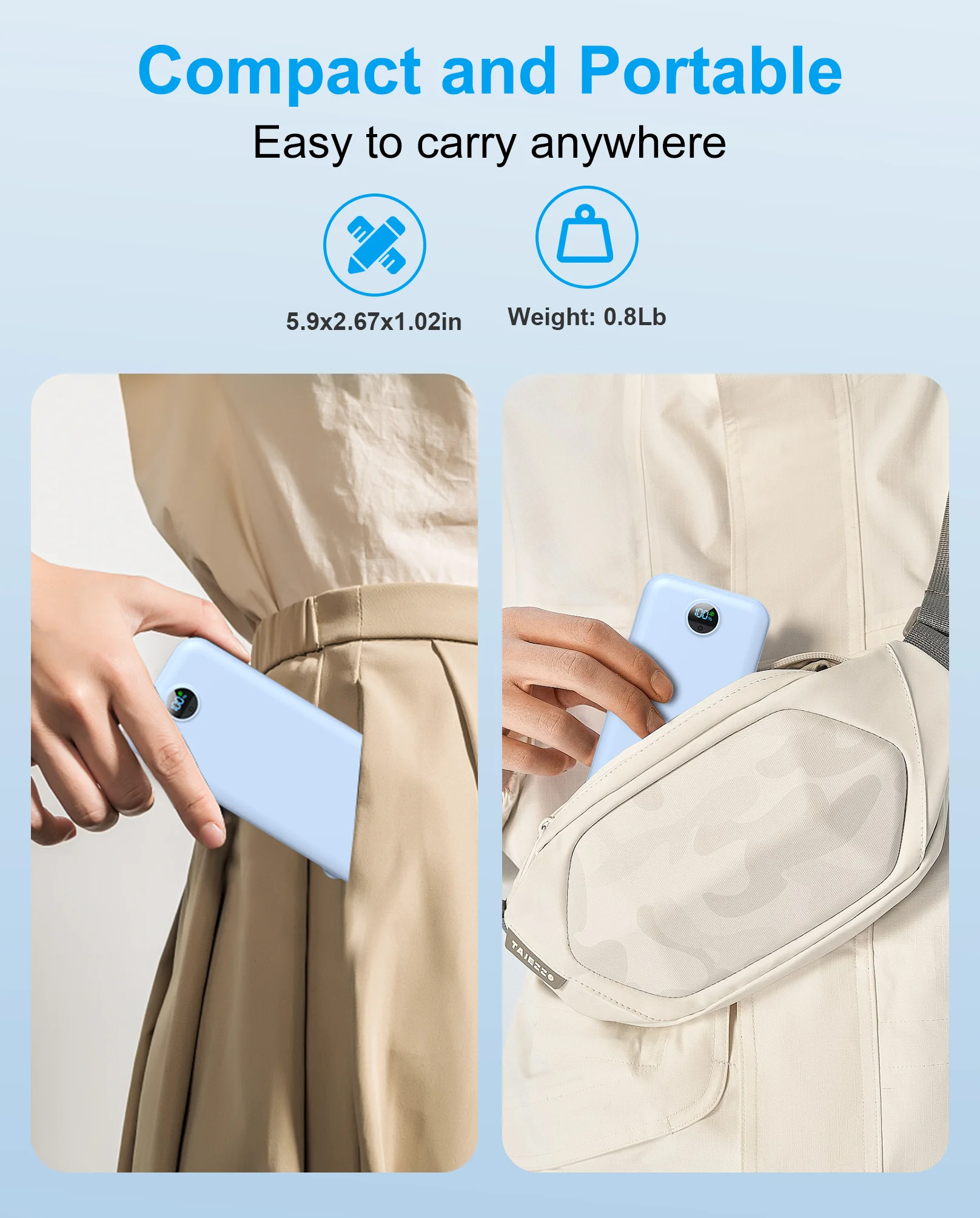 【Blue】12000mAh AC Wall Plug Power Bank with Built-in Dual Cables & Digital Display, Portable Charger for Smartphones 5