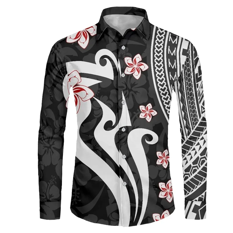 thumbnail image 1 of Camisas hawaianas con estampado 3D de tribu polinesia, camisas casuales de manga larga con cuello alto, blusa con botones para hombre, ropa de otoño, 1 of 5