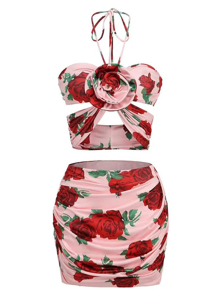 

New Summer 2023 Women Sexy Floral Mini Bodycon 2 Pieces Set Beach Party Mini Camis Skirt Suit