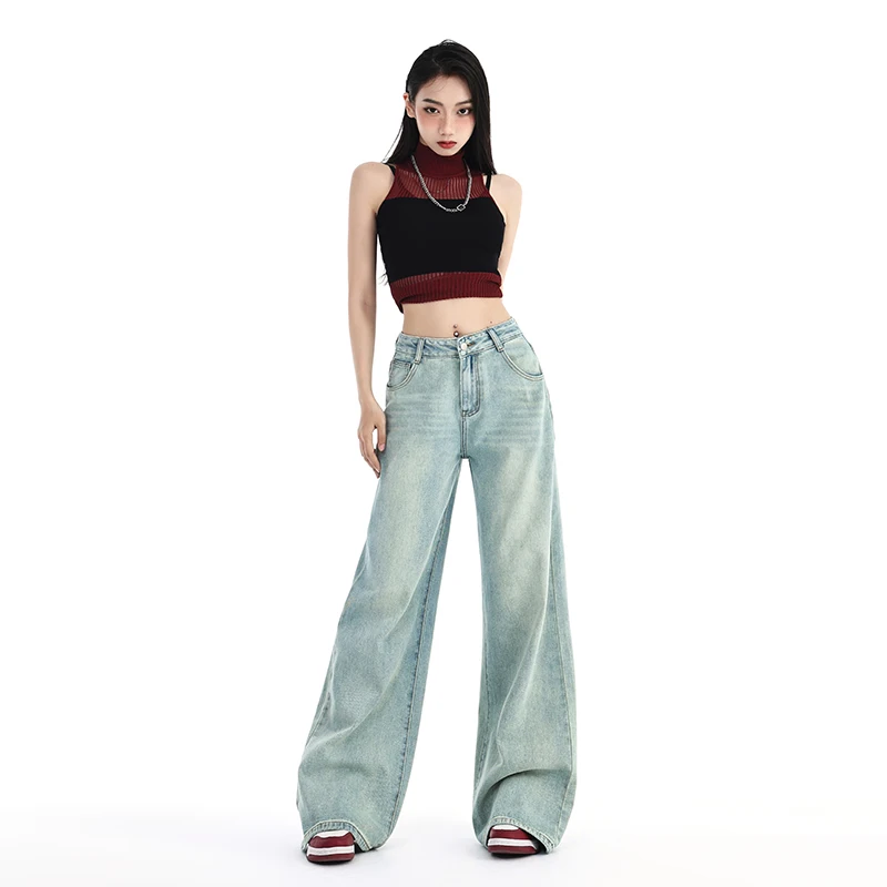 

Повседневные широкие джинсы в американском стиле с высокой талией, женские модные уличные винтажные мешковатые брюки Y2K, прямые джинсовые брюки