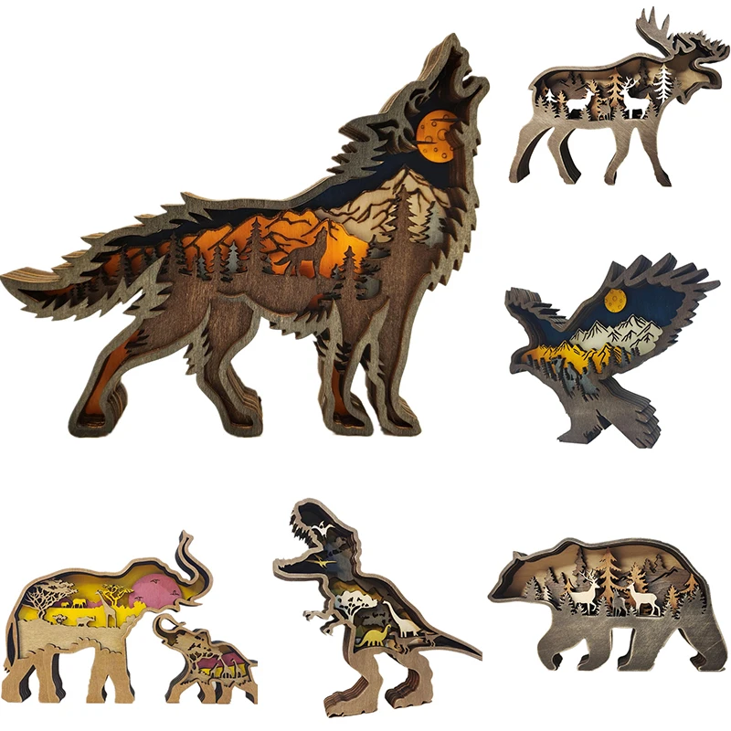 Wolf Totem Wooden Hollow Christmas Decoration - LED Lit Home & Desktop Carving Craft